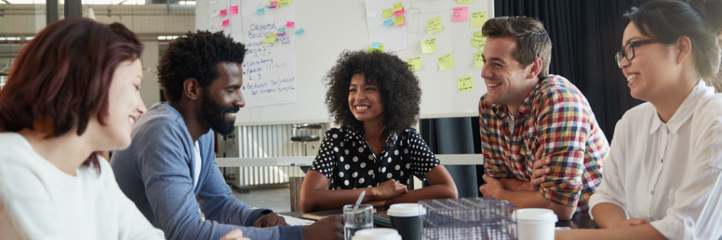 Diverse group of young happy business professionals having a meeting around a conference table