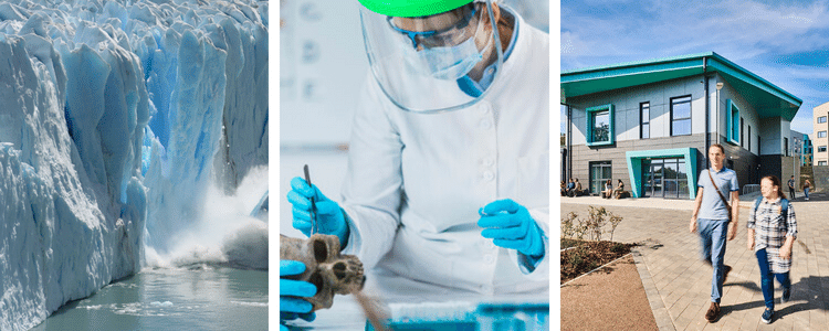 Three images an iceberg melting, a student in a lab with a skull and two students outside South College