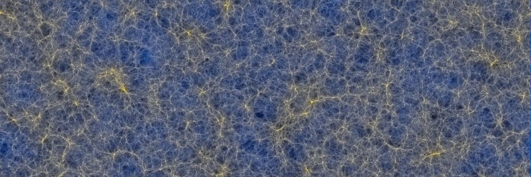 A supercomputer simulation of the Universe showing the cosmic web structure in yellow against a blue background