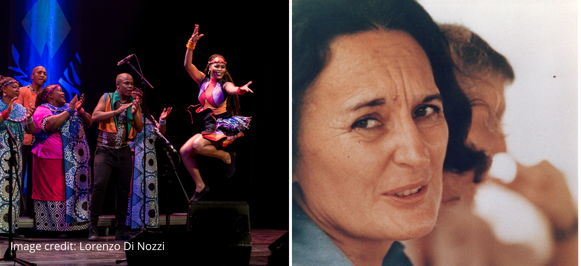 An image of the Soweto Gospel Choir on the right and Ruth First on the left