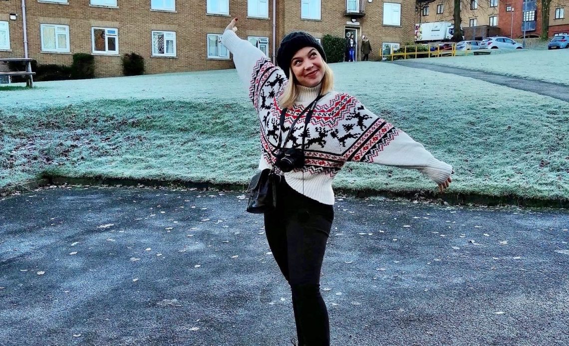 Student posing outside Grey College