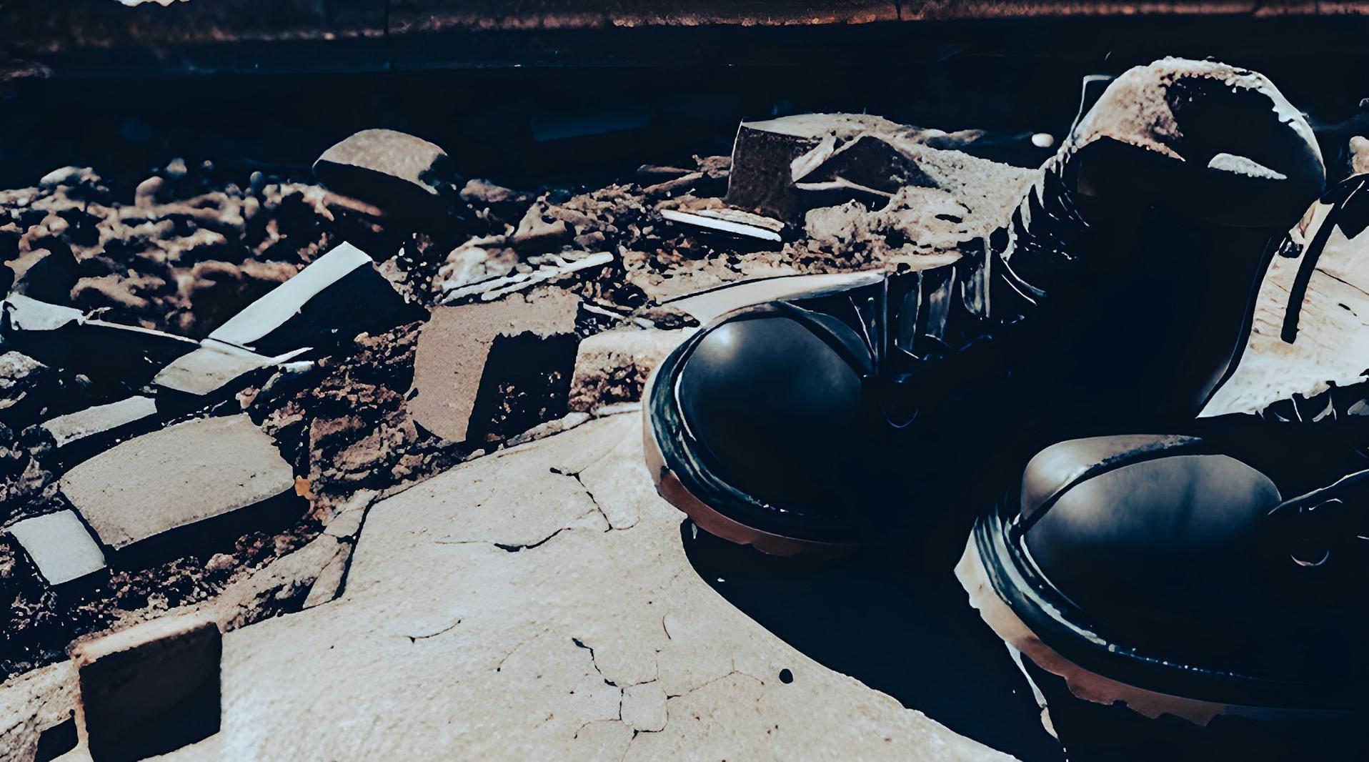 A pair of boots in a destroyed part of a city