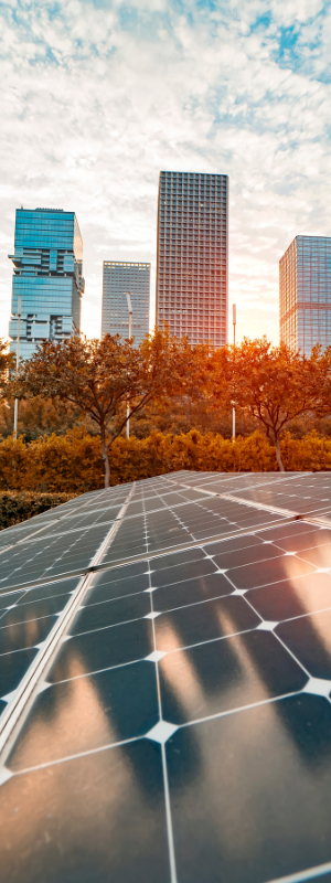 Solar panels in a city landscape